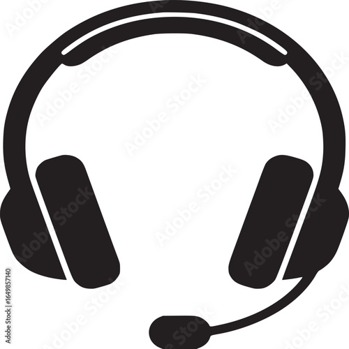 A simple black and white graphic illustration of a headset with a microphone on a white background