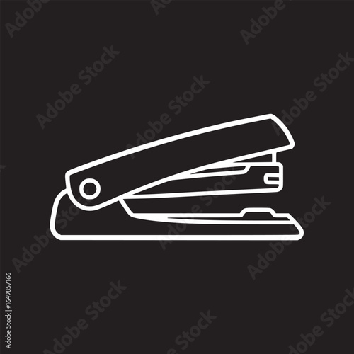 A minimalist white outline of a stapler on a black background in a simple graphic style