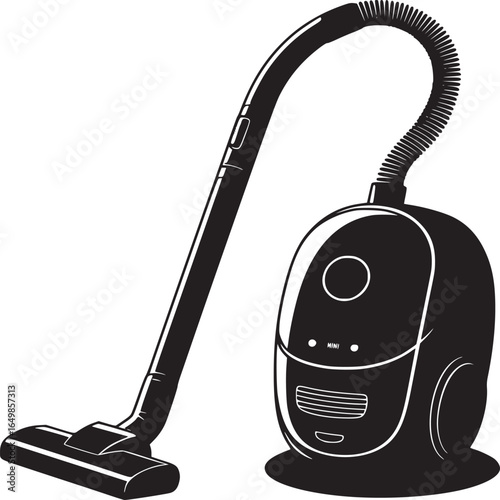 A black and white illustration of a canister vacuum cleaner with a hose and cleaning head attachment