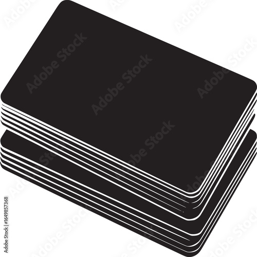 A stack of black rectangular cards with rounded corners on a white background in a top down view