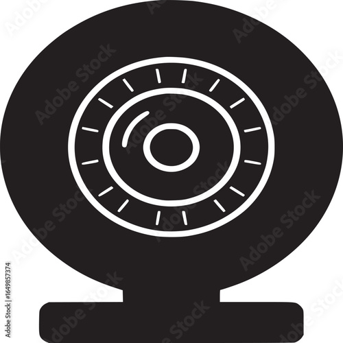 A simple black and white illustration of a webcam with a circular lens design and a small base