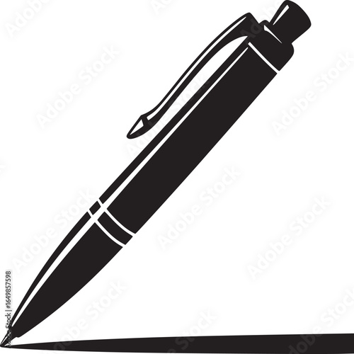 A black and white illustration of a ballpoint pen writing a line on a white background surface area