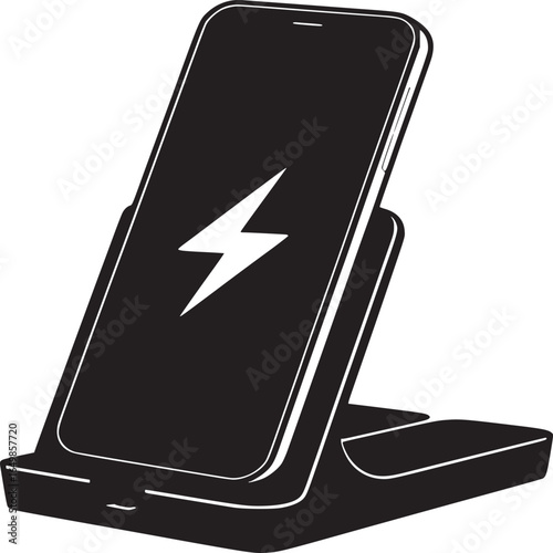 A black and white graphic of a phone charging on a wireless charging stand with a lightning bolt