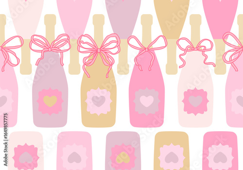 Seamless pattern with wine bottle with bow. Champagne, Brut, Sparkling wines. Festive drinks. Holiday and events celebration
