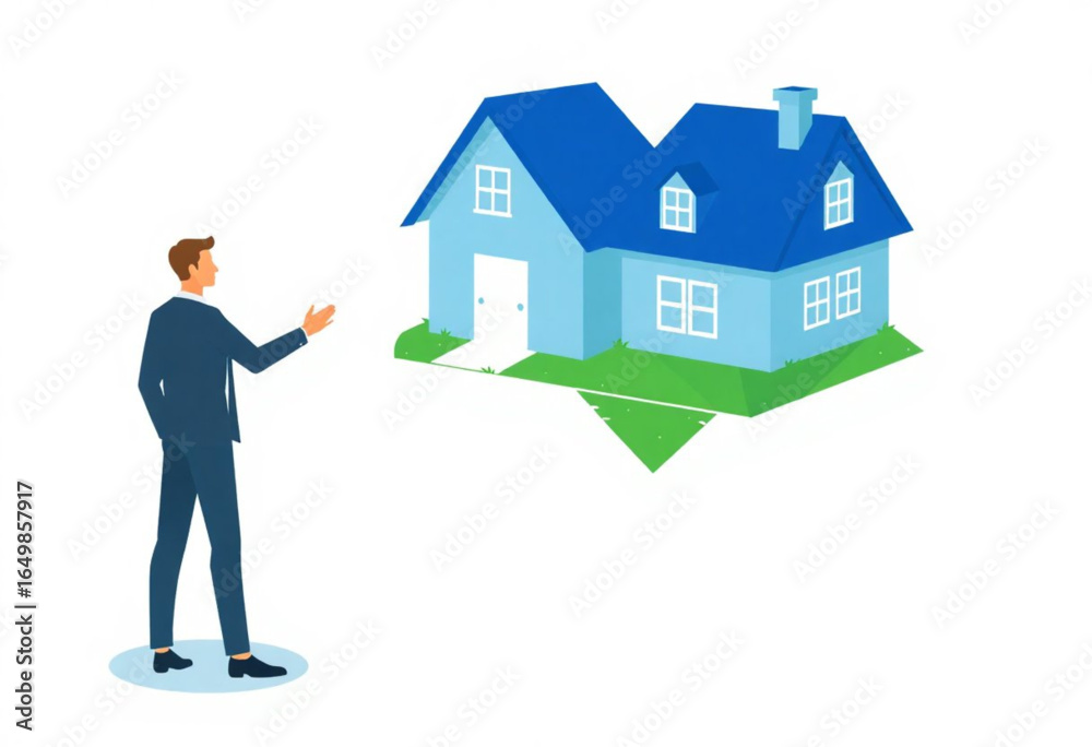 Homem de negócios apontando para uma casa. Vetor Homem de negócios apontando para uma casa. Vetor