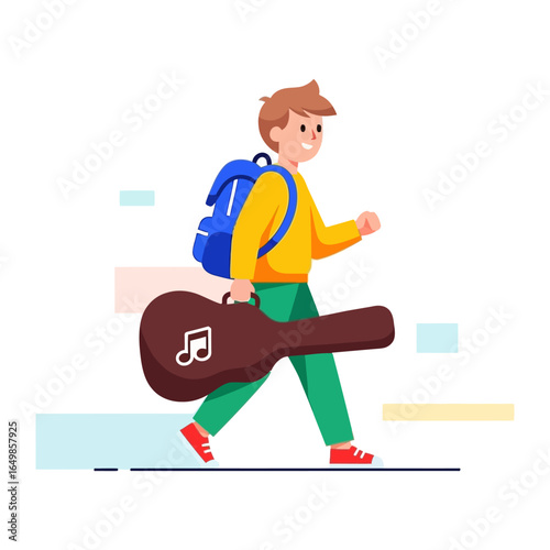 Young Musician with Guitar Case: A vibrant illustration of a young, smiling individual with a guitar case and backpack, walking forward with purpose and musical aspirations.