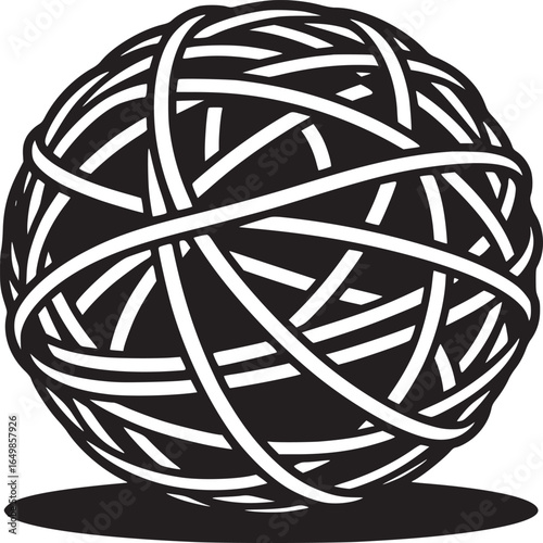 An illustration of a tangled ball of string in black and white with a shadow on a white background