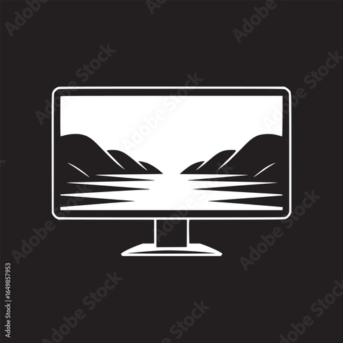 A black and white illustration of a computer monitor displaying a landscape scene with mountains