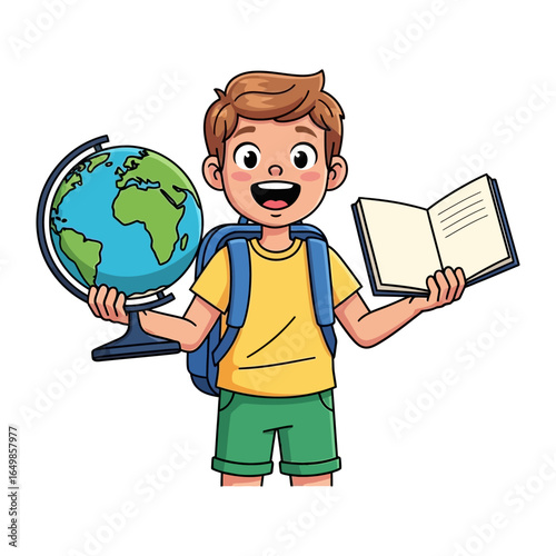 Ready for Learning: An illustration of a young student, eager to study, holding a globe and a book, symbolizing the excitement and knowledge awaiting in the world of learning.