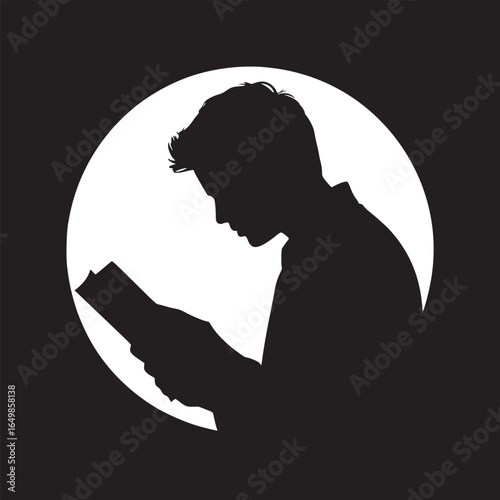 Silhouette of a man reading a book against a white circle on a black background in profile view