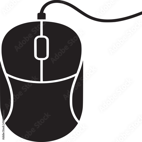 A black computer mouse with a cord is displayed on a white background in a simple graphic design style