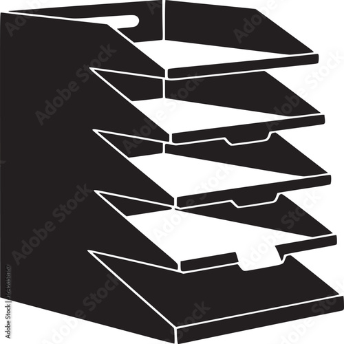 A black and white illustration of a four tiered paper organizer on a white background in a simple style