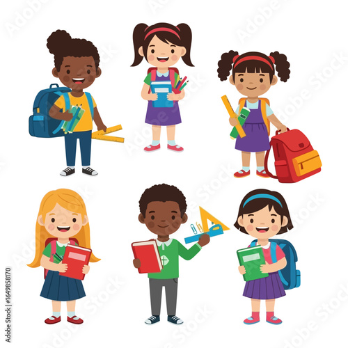 Back to School Illustration: A delightful illustration captures the essence of returning to school, showcasing several diverse students each armed with books, backpacks, and supplies.