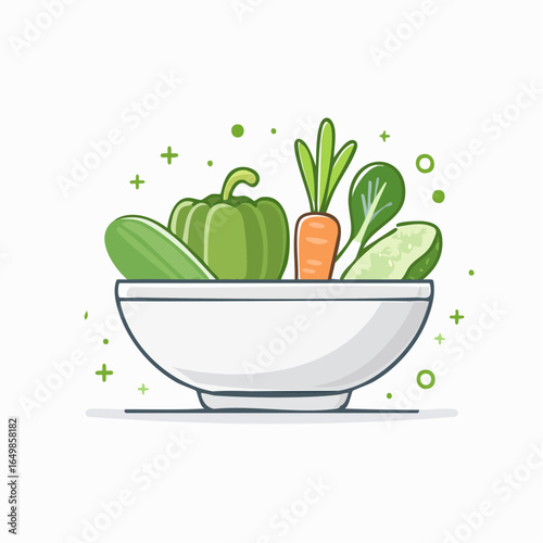 Flat style vector icon of a bowl filled with fresh green vegetables, representing healthy food and nutrition, isolated on white background.