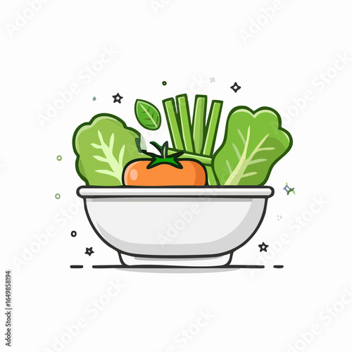 Flat style vector icon of a bowl filled with fresh green vegetables, representing healthy food and nutrition, isolated on white background.