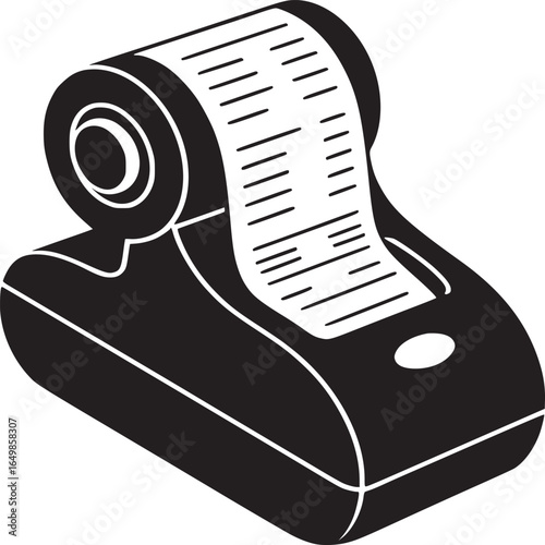 A black and white illustration of a receipt printer with a roll of paper coming out of the top