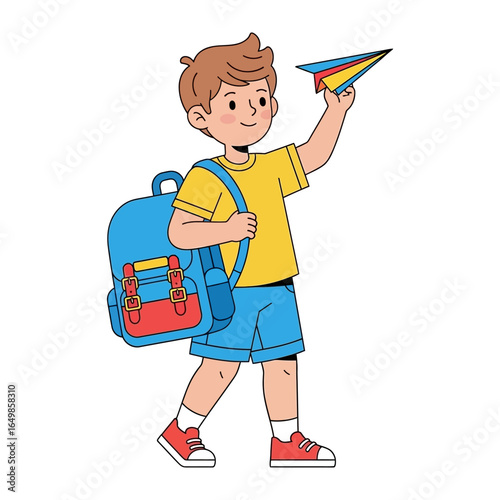Boy with Paper Airplane: A young boy with a bright smile confidently embarks on his journey, clutching a colorful paper airplane, symbolizing dreams and adventures.