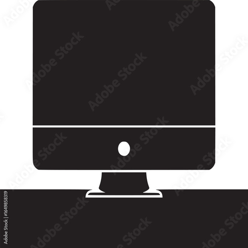 A minimalist black and white illustration of a desktop computer with a visible power button