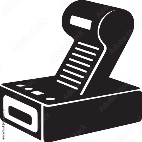 Isolated black and white graphic of a vintage arcade game machine with buttons and a screen area