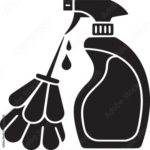 Black silhouette of a spray bottle with cleaning fluid and a duster on a white background