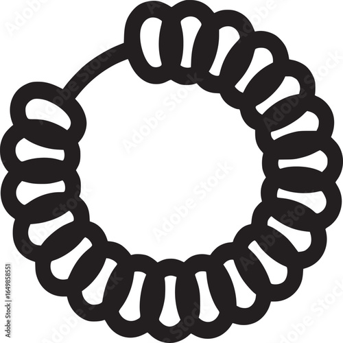 A minimalist graphic of a black spiral hair tie against a plain white background in simple style