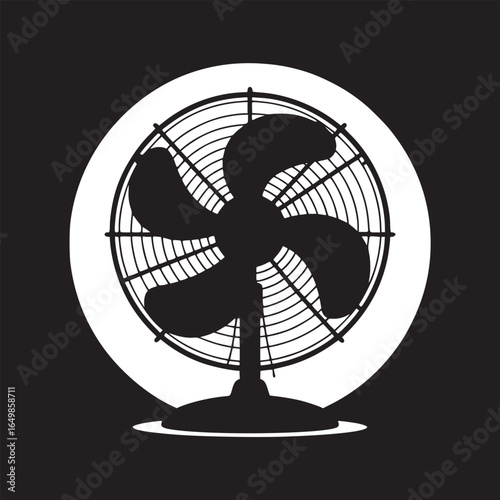 A black and white image of a standing fan with a circular background on a black background space