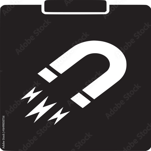 A black clipboard with a white magnet and three white lightning bolts on a white background image