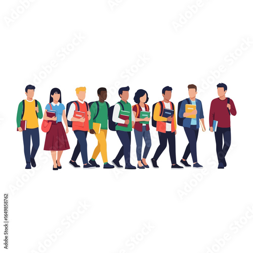 University Students Walking: A diverse group of university students, each with their unique style and carrying books, stroll purposefully, capturing the vibrancy and energy of campus life.