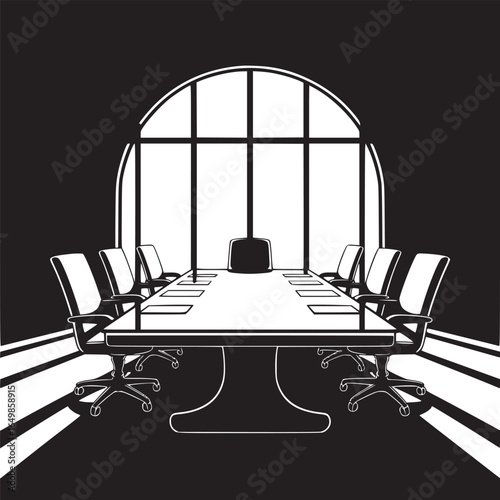 A black and white illustration of a conference room with a large window and a long table set