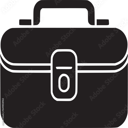 A black briefcase with a handle and a lock on a white background in a simple graphic style