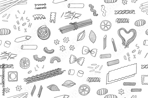Seamless pattern of pasta theme in doodle style. Pasta of different shapes. Italian Cuisine. 