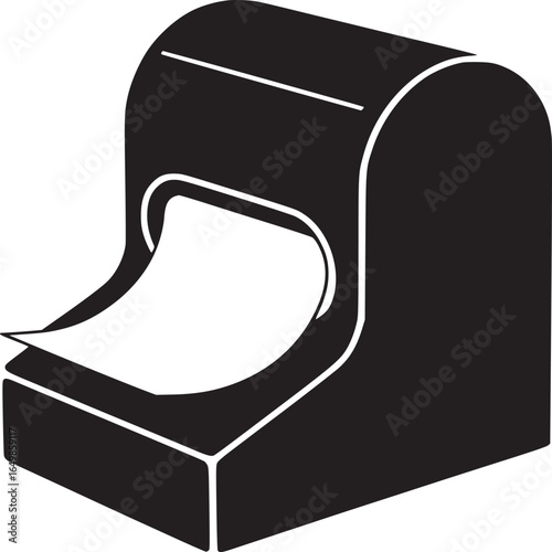 A black and white graphic of a napkin dispenser with a napkin partially pulled out on a white background