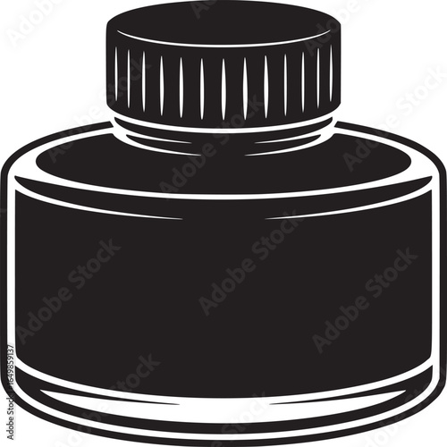 A black and white illustration of a vintage inkwell with a ribbed cap on a plain white background
