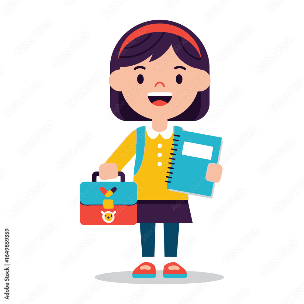 Eager Schoolgirl Ready for Learning: A cheerful schoolgirl, holding a book and a lunchbox, radiates excitement as she gets set for another day of exploration and learning. Eager Schoolgirl Ready for Learning: A cheerful schoolgirl, holding a book and a lunchbox, radiates excitement as she gets set for another day of exploration and learning.