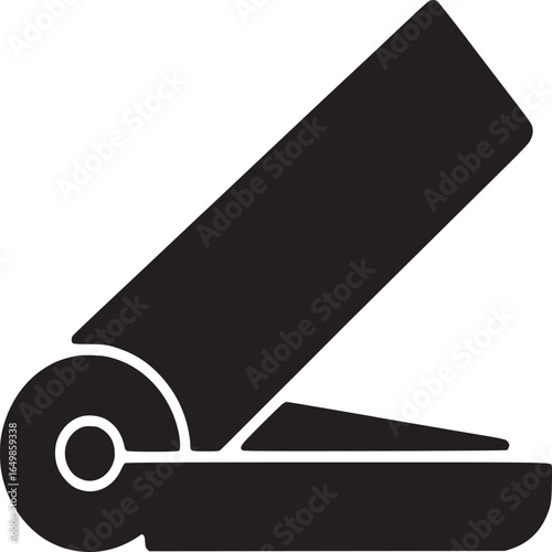 A minimalist black silhouette of an open stapler on a plain white background in simple design style