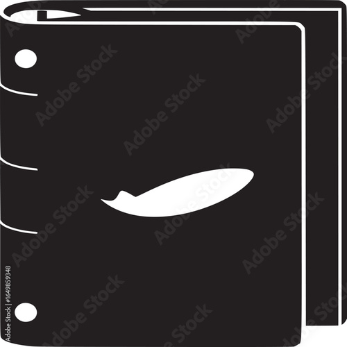 A black and white illustration of a binder with a white design on the front cover sheet present