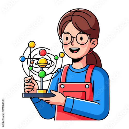 Young Scientist With Solar System Model: A young female scientist holds a miniature solar system model. Capturing scientific wonder, innovation, and the pursuit of discovery.