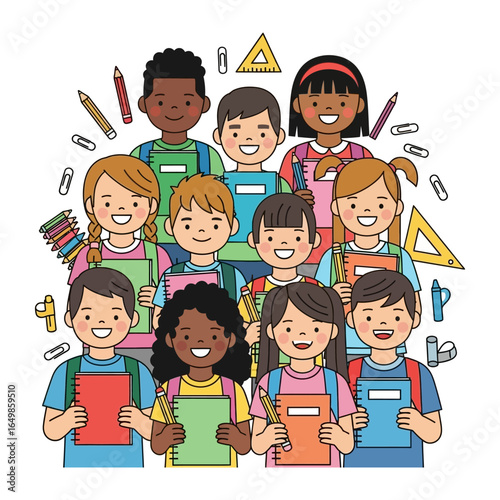 Happy School Children: A vibrant illustration showcases a diverse group of school children, each with a cheerful expression, symbolizing education and the joy of learning.