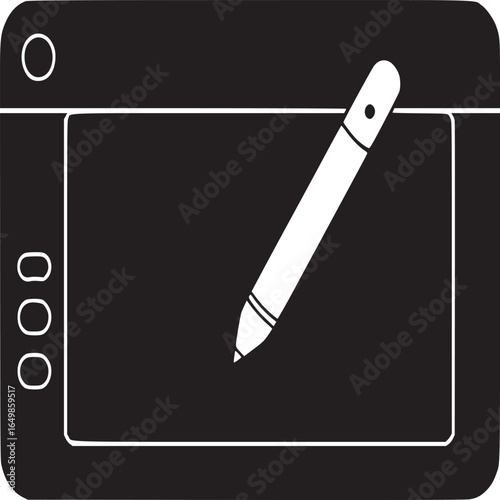 A black and white graphic tablet with a stylus pen displayed on a white background in a simple style