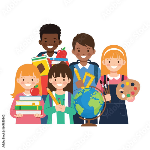 Cheerful School Journey: A diverse group of elementary school children stand together, holding books and supplies, smiling, symbolizing a group of young learners excited for a day of learning.