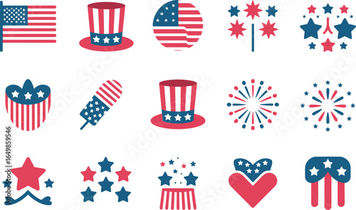 Collection of patriotic american symbols and fireworks for independence day celebrations