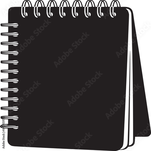 A black spiral notebook with white pages and a metal binding on a white background isolated view