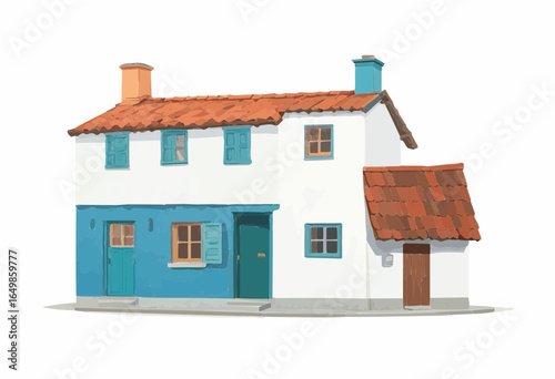Casa branca com azul estilo antigo. Vetor ilustrativo.