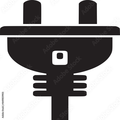 A simple black and white illustration of a plug with two prongs and a grounding pin symbol on white