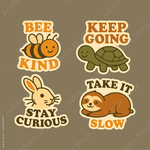 Cute retro animal illustrations with motivational quotes on a brown background.