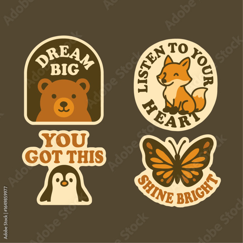 A collection of four retro-style motivational animal and nature themed stickers or badges on a brown background.