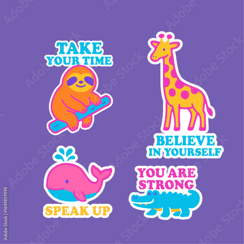 Colorful cartoon animals with motivational messages on a vibrant purple background.