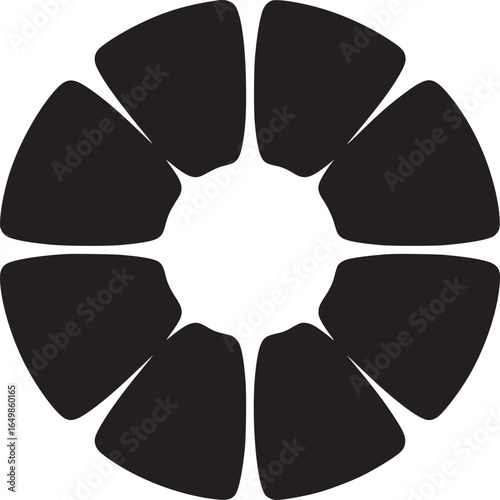 A graphic design of black petal shapes arranged in a circular pattern around a white center space area