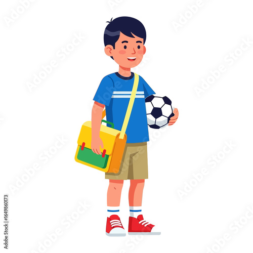 School Boy with Soccer Ball: A young schoolboy, filled with the anticipation of playtime, joyfully holds a soccer ball, ready for outdoor adventures and fun times. He carries a school bag. 