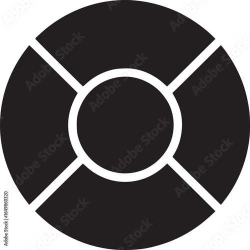 A black and white graphic of a segmented circle with a smaller circle in the center on a white background